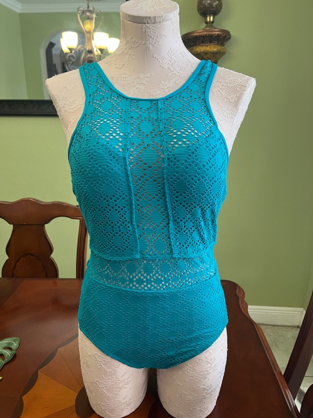 Teal Crochet One-Piece Swimsuit